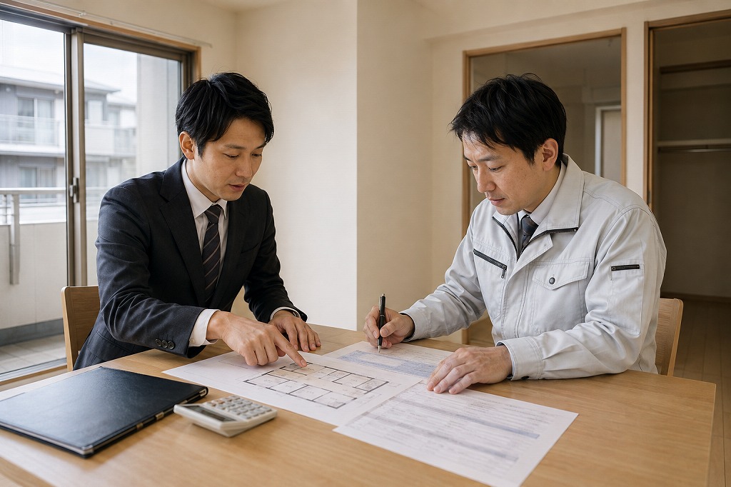 修繕内容と見積りを打ち合わせる様子