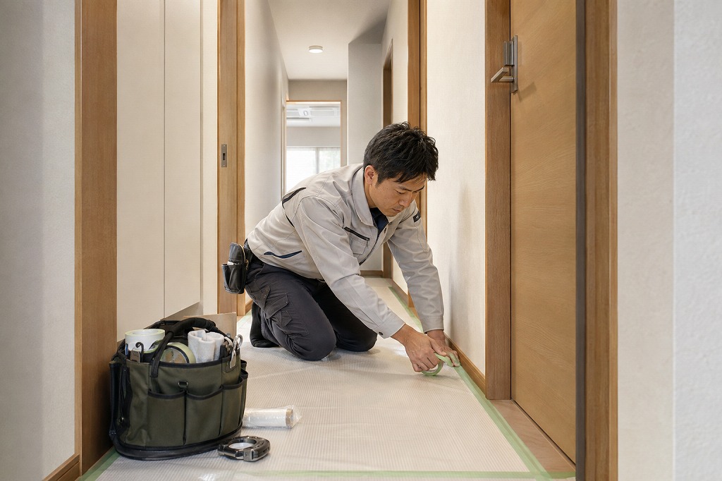 内装工事前に室内を養生する様子