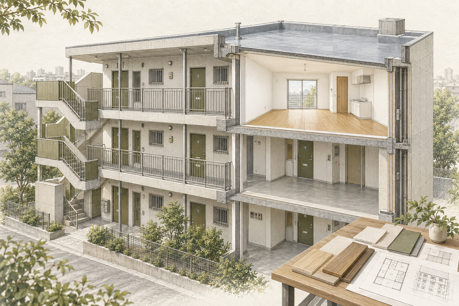 賃貸建物の室内・共用廊下・屋上を描いた修繕対応範囲のイメージイラスト